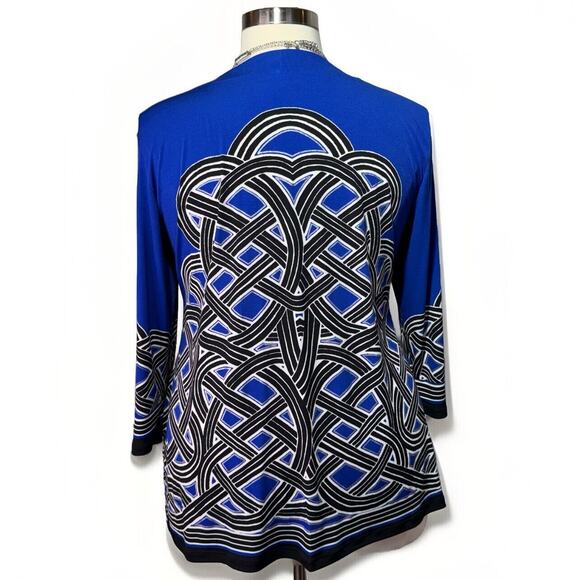 JM Collection XL Tunic Top Blue Black White Geometric Long Sleeve Sequined - Picture 3 of 8